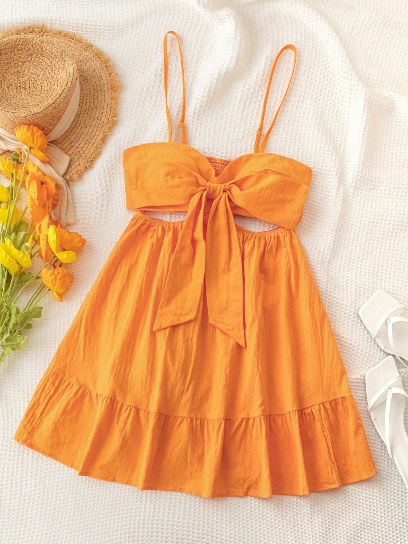 Women's Romantic Countryside Orange Dress With Bowknot Decoration, Hollowed-Out Patchwork And Ruffle Trim, Perfect For Vacation In Summer