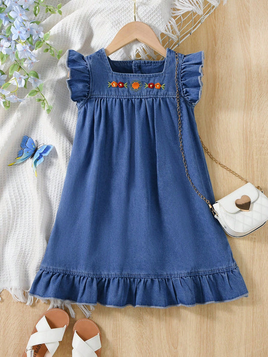 Young Girl Casual Medium Wash Floral Embroidery Short Sleeve Loose Denim Dress