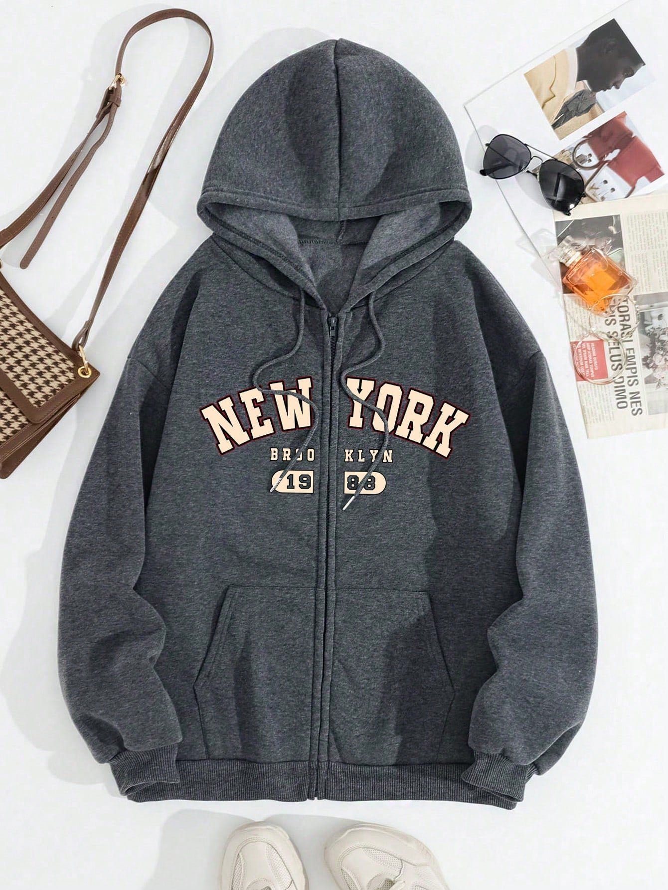 Loose Fit Letter Printed Hooded Drawstring Sweatshirt With Dropped Shoulder Design