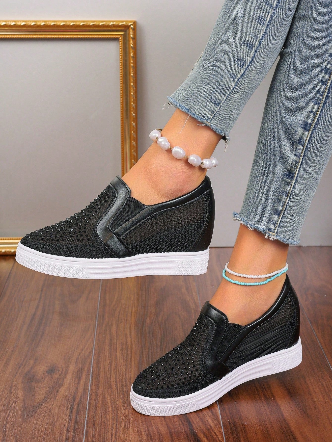 Women's Summer Breathable Mesh Sneakers, 2024 Spring Edition. Made Of Genuine Leather, With Diamond Decoration And Thick Outsole, Slip-On Style For Casual Wear