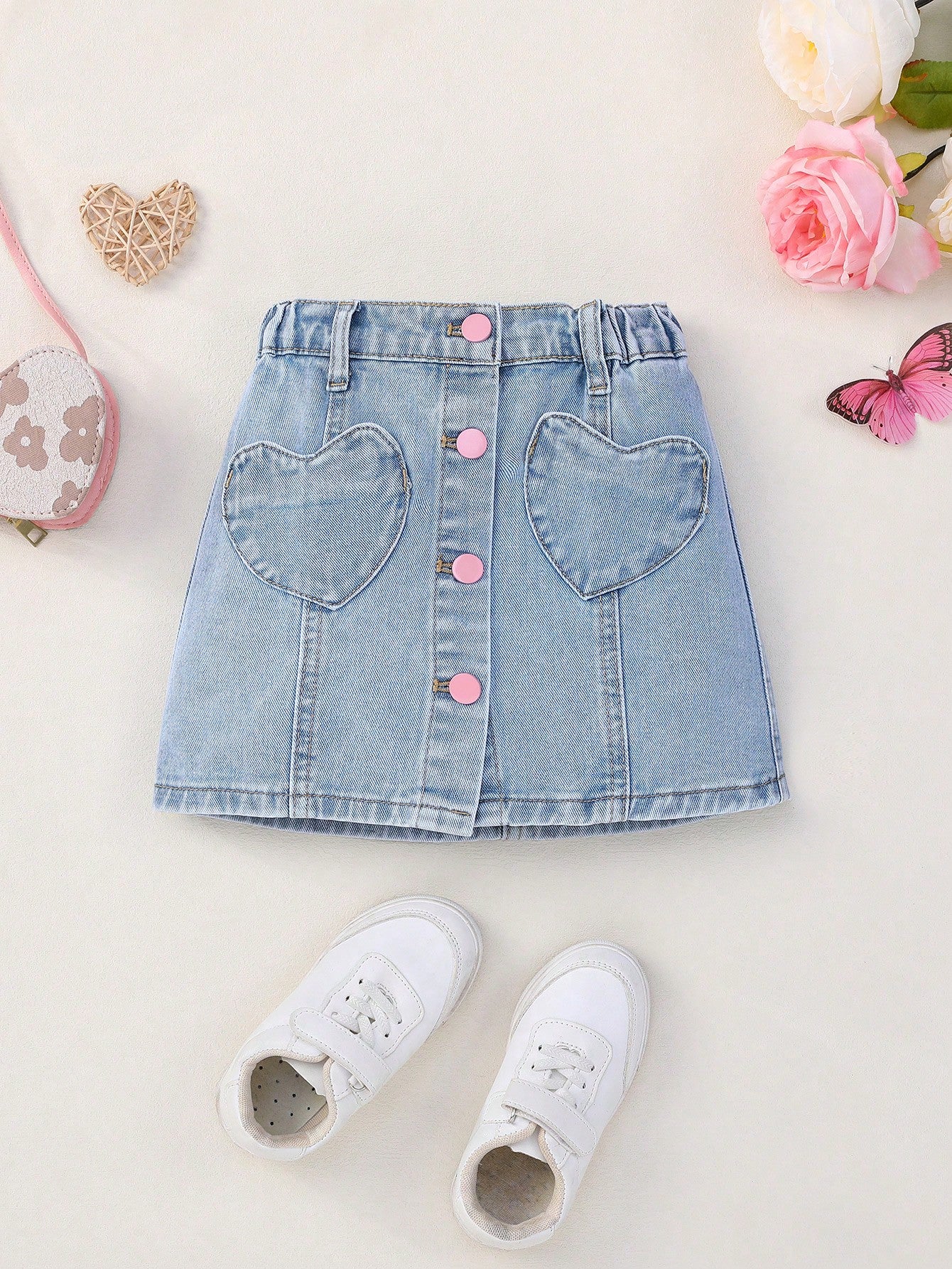 Young Girl Fashionable Elastic Waist Denim Skirt With Heart Pockets And Buttons