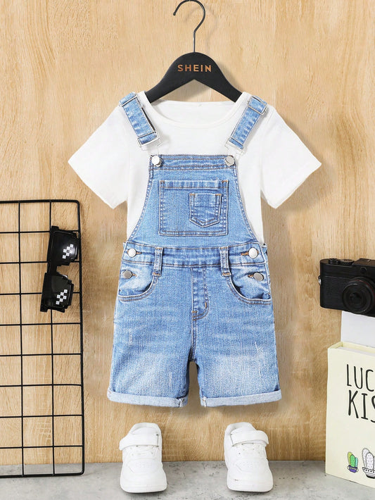 Young Boy High Stretch Regular Fit Water Washed Blue Denim Overalls With Pockets, Suitable For Spring And Summer Clothing