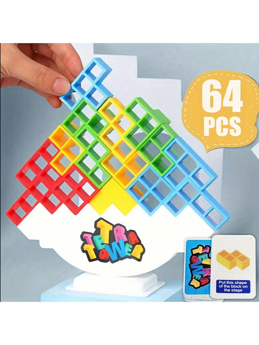 16/32/48/64 Pcs Tetra Tower Balance Stacking Blocks Game-Fun Family Board Game For Kids And Adults-Early Education Toy-Travel,And Team Building-Independence Day Thanksgiving Christmas Gift