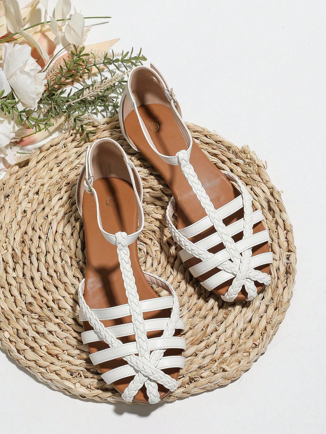 Women White Minimalist Hollow Out Hook-and-loop Fastener Strap Flat Shoes, Ankle Strap Shoes For Vacation