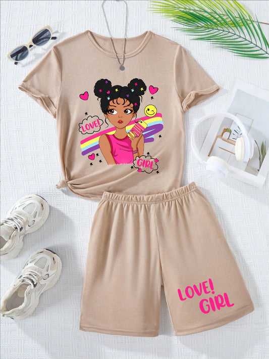 Teen Girl Character Print Simple Round Neck Short-Sleeved Two-Piece Set