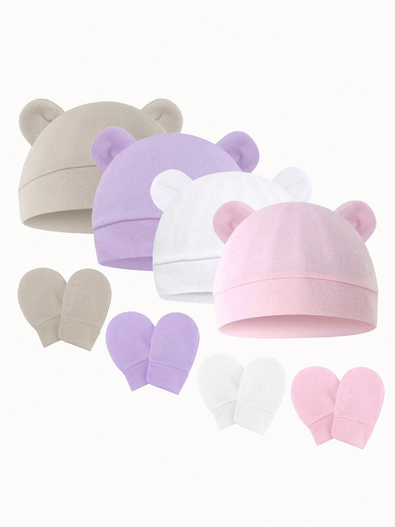 4sets Baby Hats And Mittens Infant Beanie Gloves NoScratch Set Newborn Hospital Hat For Boys Girls