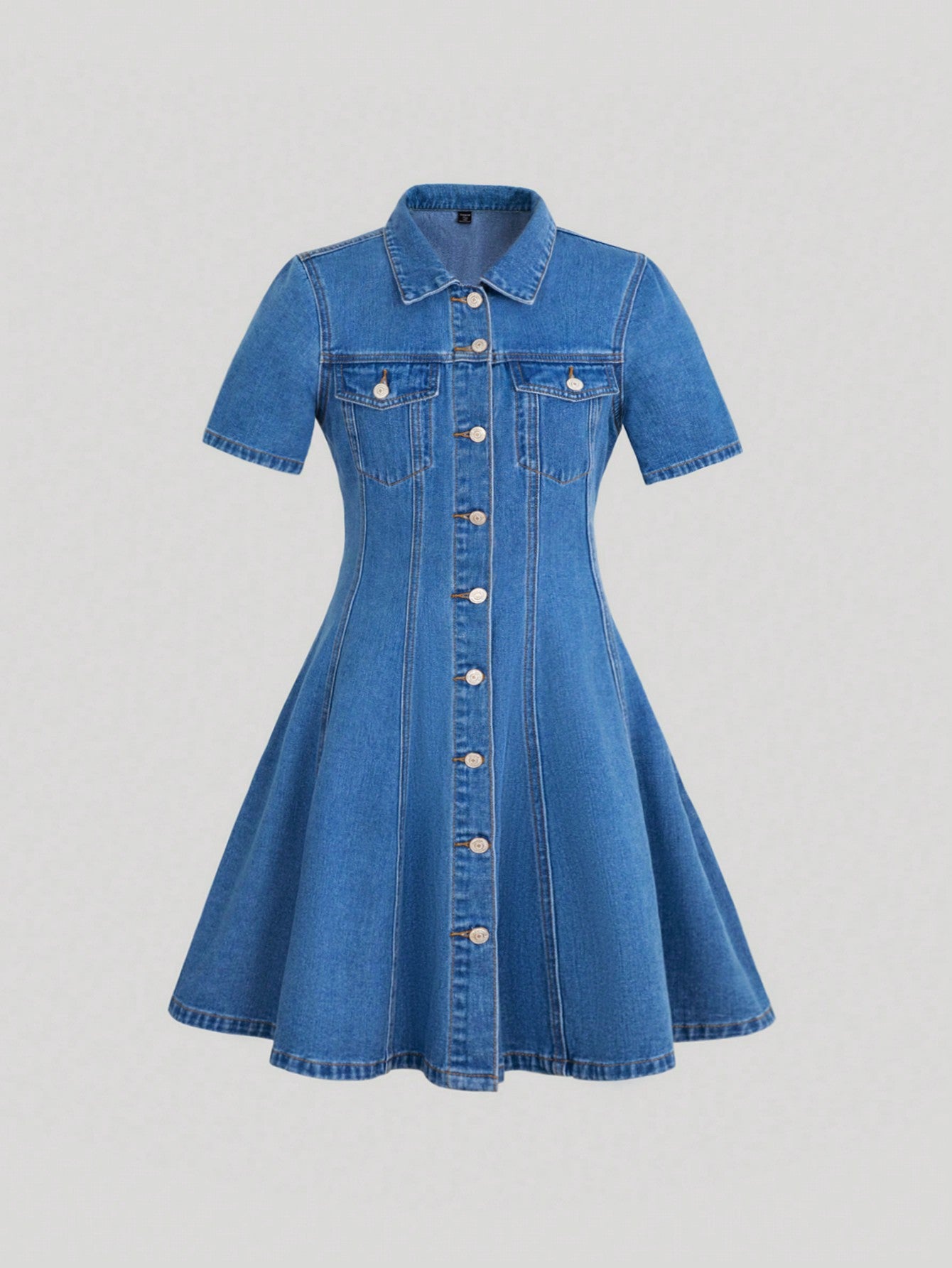 Retrotrend Kids Teen Girl Casual Fashionable Turn-Down Collar Button Up Short Sleeved Denim Dress