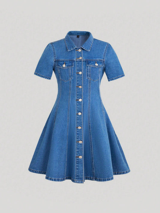 Retrotrend Kids Teen Girl Casual Fashionable Turn-Down Collar Button Up Short Sleeved Denim Dress