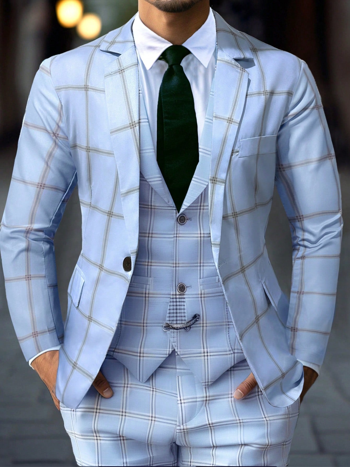 Men's Grid Check Peaked Lapel Blazer