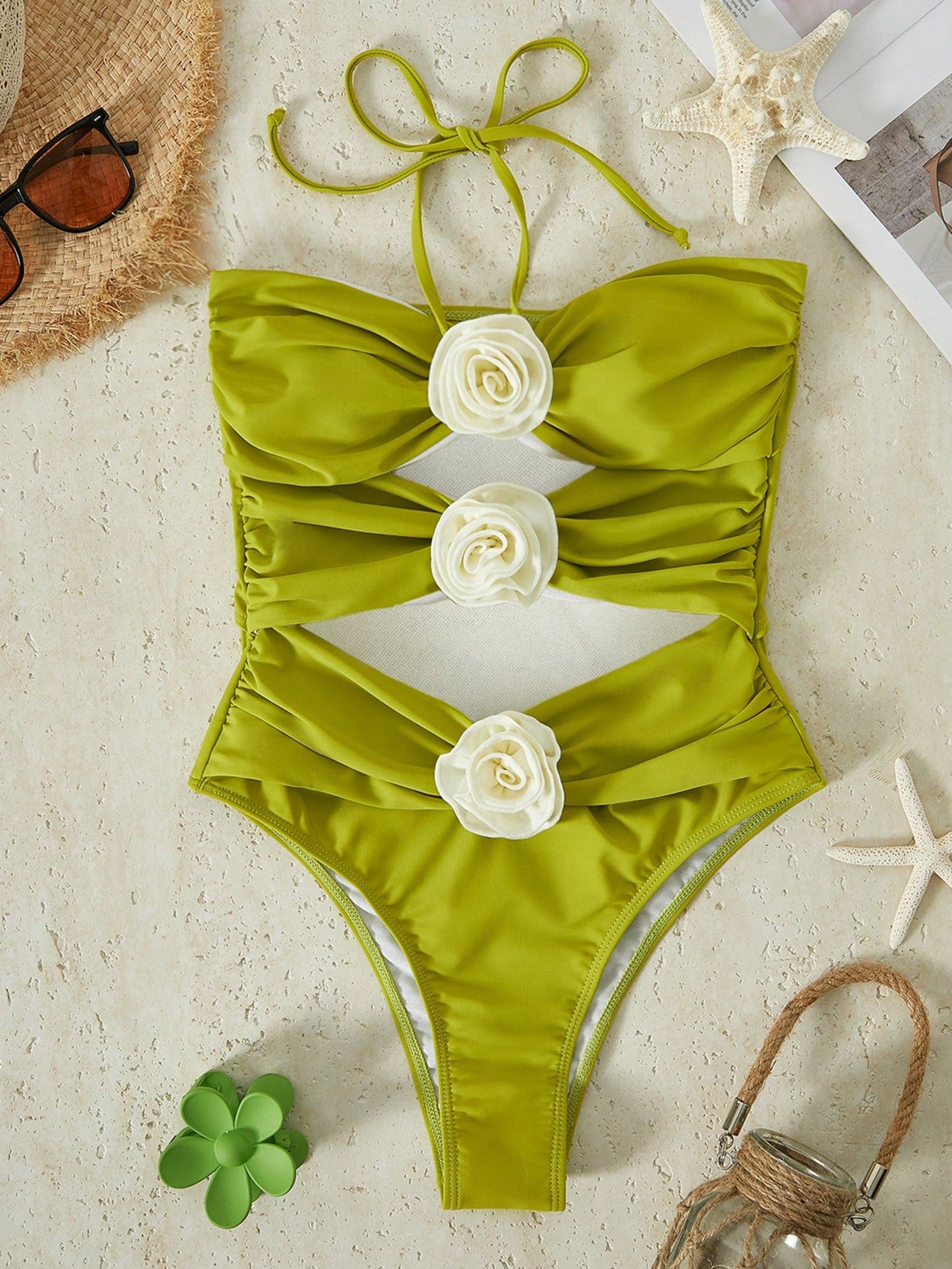 Bikinx Solid Color Halterneck Three-dimensional Flower Sexy One-piece Swimsuit