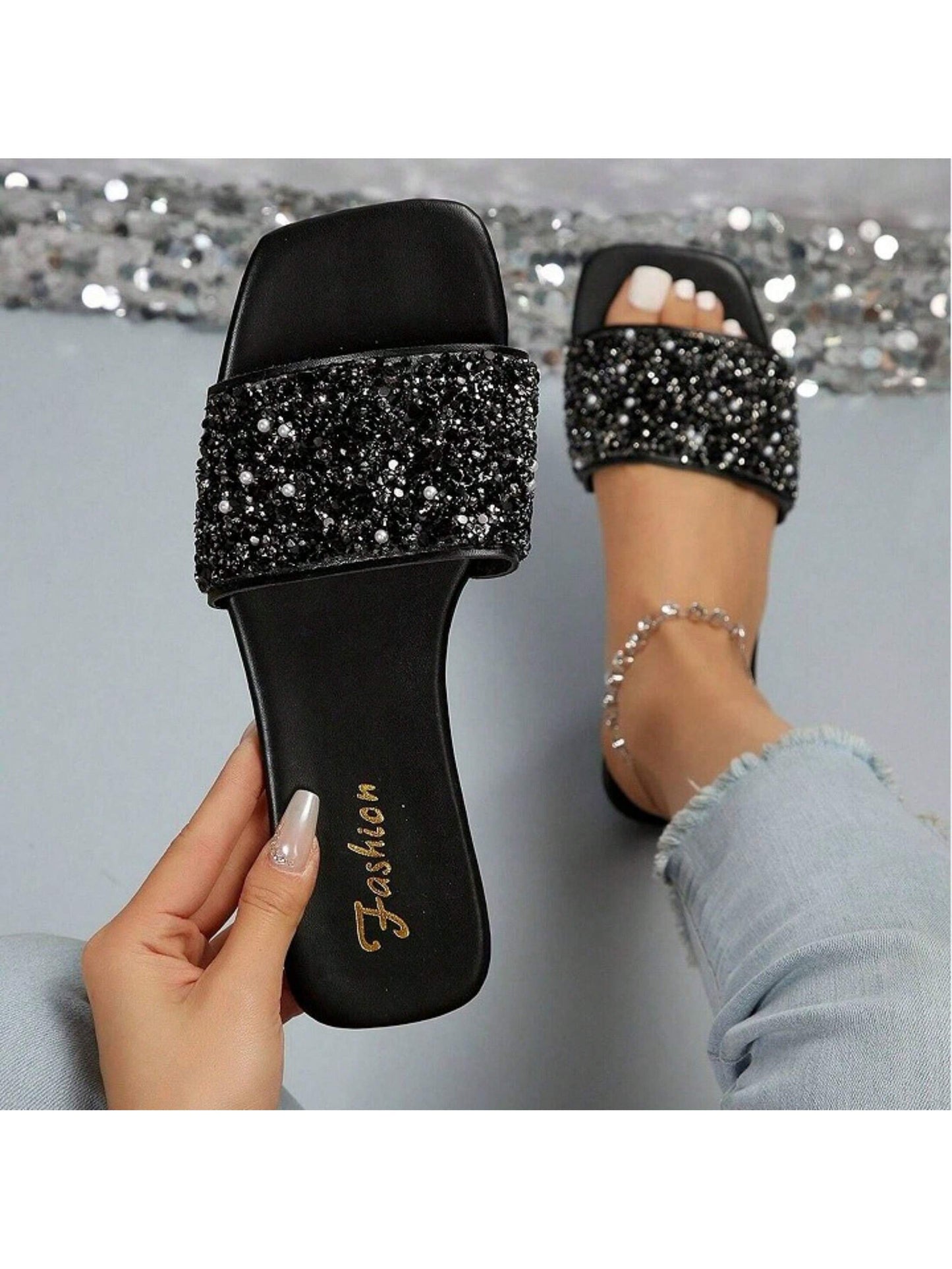 Women's Rhinestone Casual Fashion Slippers Square Open Toe Flat Bottom Sandals Summer Beach Slippers Indoor And Outdoor