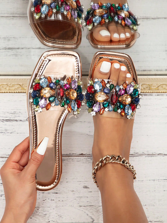 Summer Fashion Women Rhinestone Flat Sandals Leisure Champagne-Colored Bohemian Beach Style Comfortable Slip-Resistant Oversized Outdoor Slippers Female