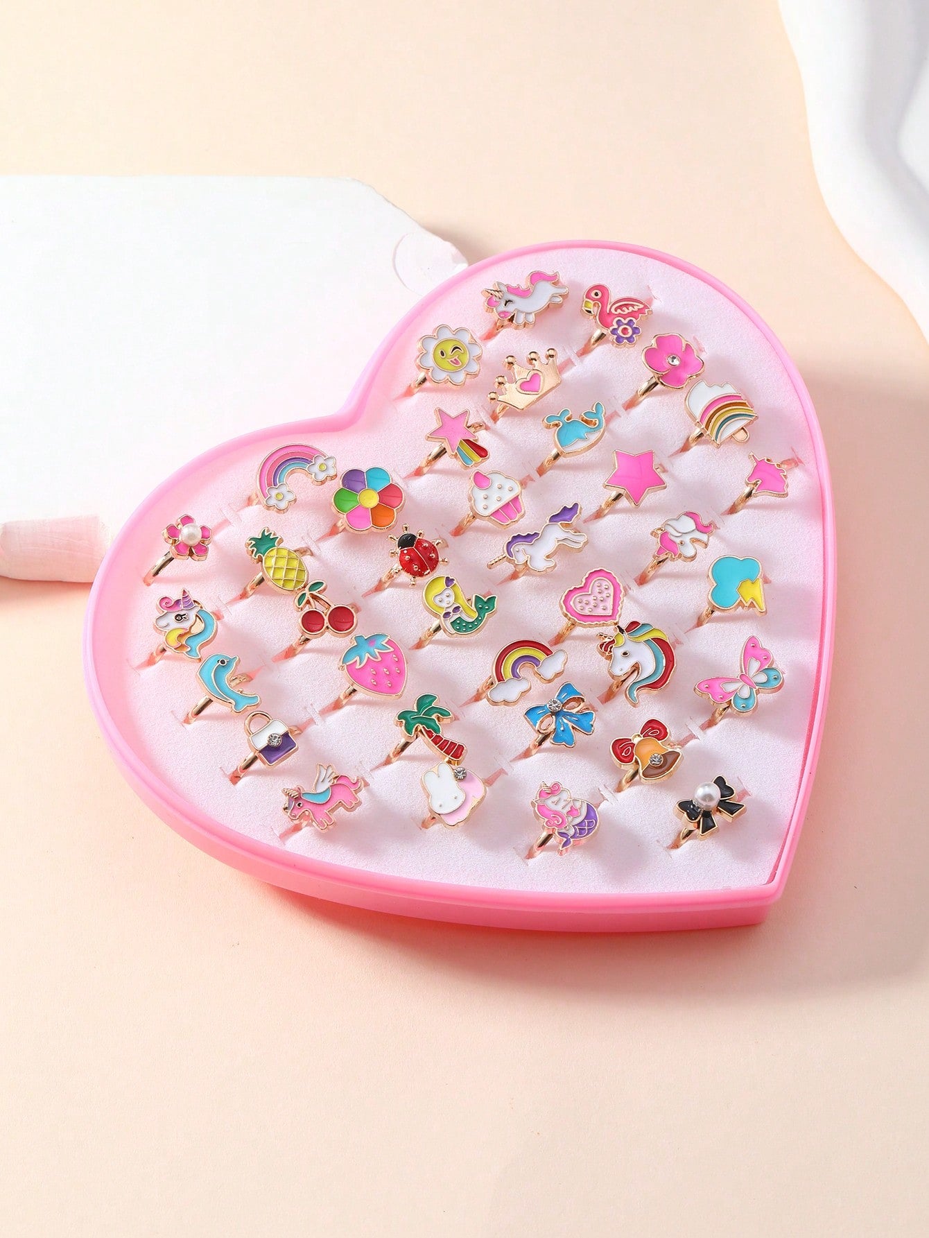 36pcs Cute Heart Shape Zinc Alloy Oil Drip Kid Ring In Gold Color, Suitable For Party And Birthday Gift, Comes With A Pink Heart-Shaped Jewelry Box For Girls