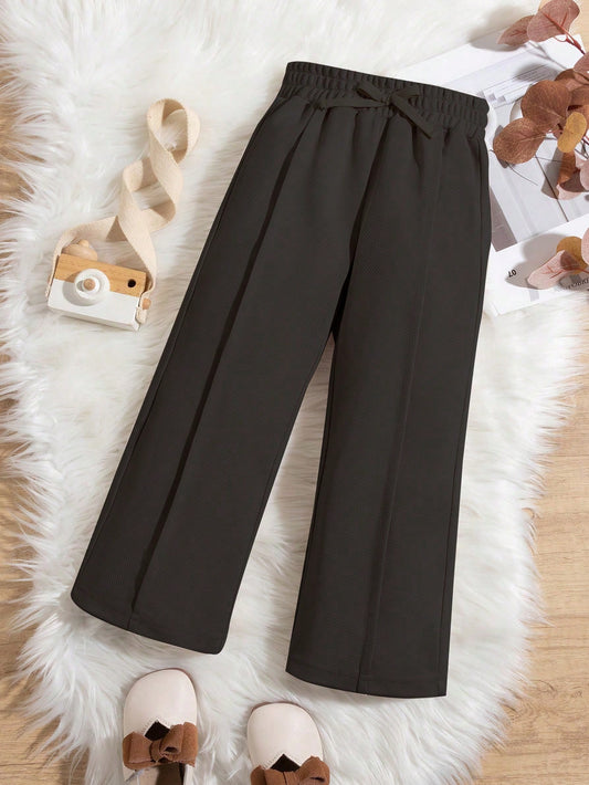 Young Girl Solid Color Wide Leg Pants With Tie-Waist And Pleated Details