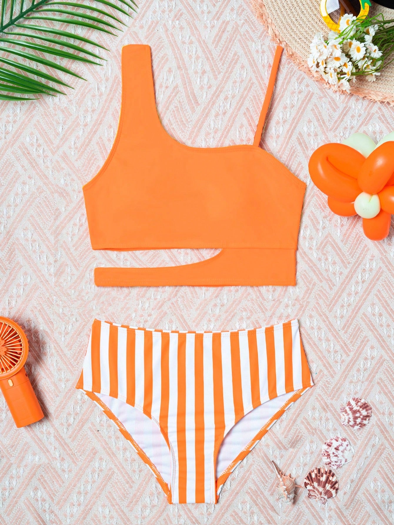 Tween Girl Striped Cut Out Asymmetrical Neck Cut Out Bikini Set Summer Beach