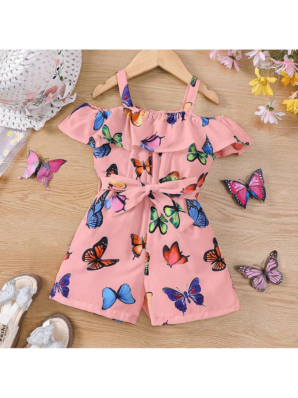 Young Girls' Casual Butterfly Printed Crop Jumpsuit For Summer