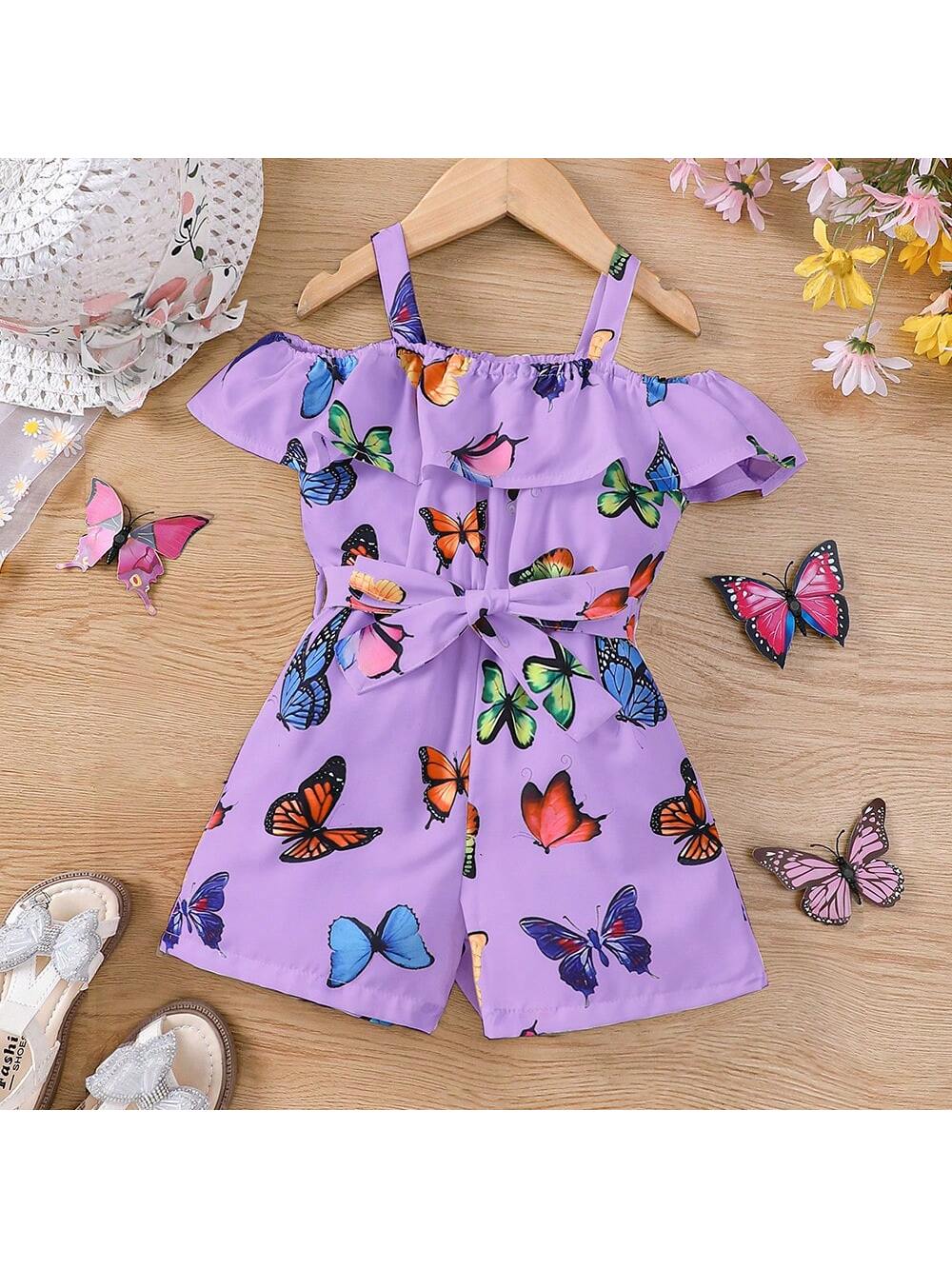 Young Girls' Casual Butterfly Printed Crop Jumpsuit For Summer