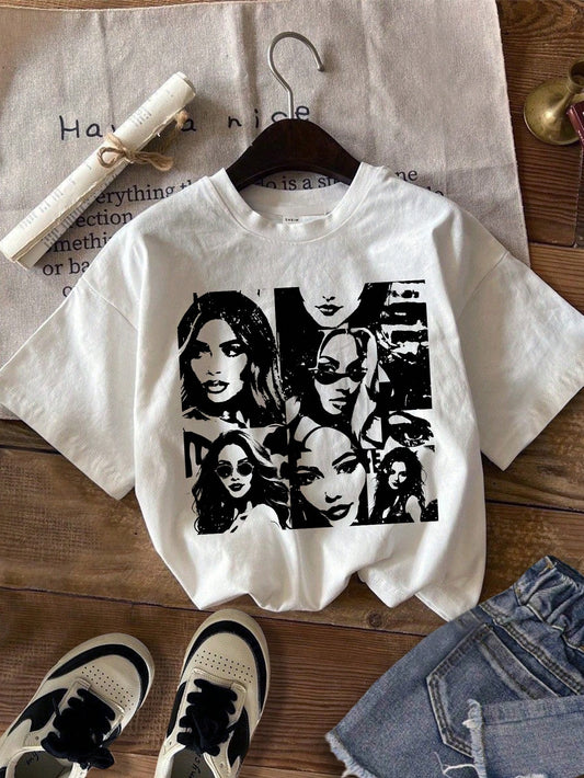 Tween Girl Casual Short Sleeve T-Shirt With Simple Black And White Portrait Design, Suitable For Summer