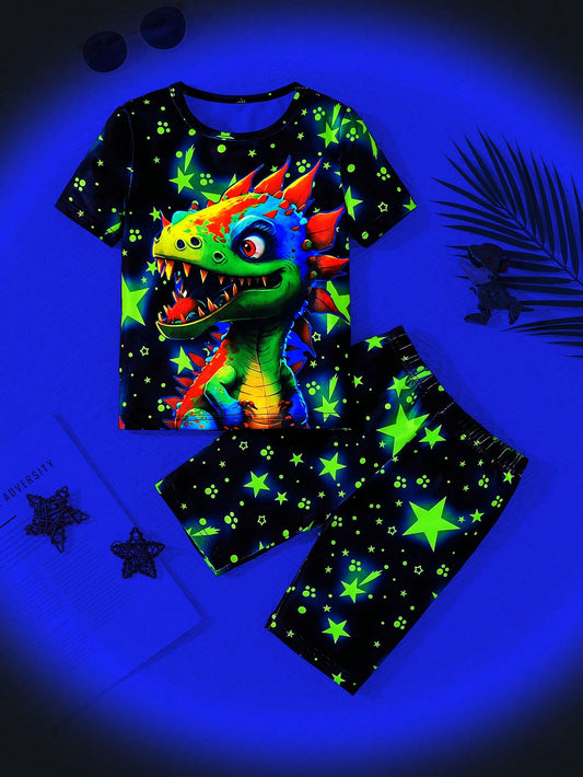 Young Boy Summer Fluorescent Dinosaur Print Tight Shorts And Short Sleeve Casual Home Wear Set, Neon Glow Party Outfit