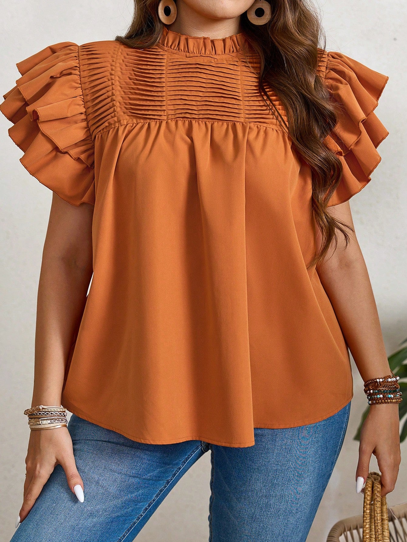 Plus Size Summer Casual Double Layered Orange Shirt With Ruffle Sleeves