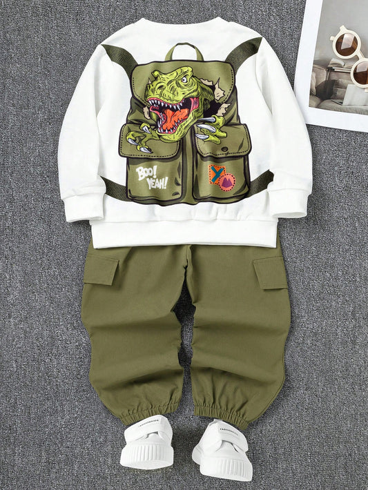 Young Boy Lovely Funny Dinosaur Printed Sweatshirt & Jogger Pants Set