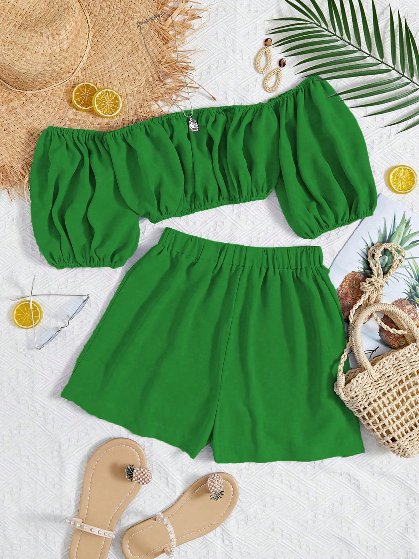 Off Shoulder Puff Sleeve Crop Top & Shorts