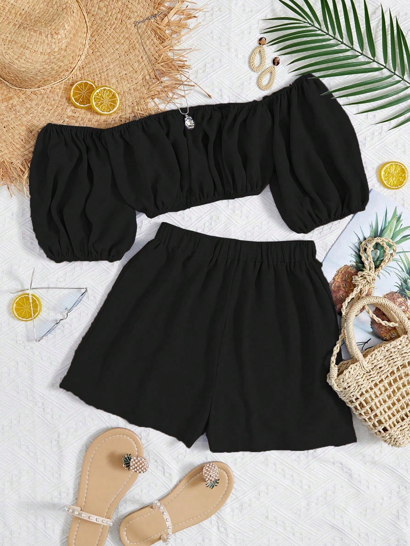 Off Shoulder Puff Sleeve Crop Top & Shorts