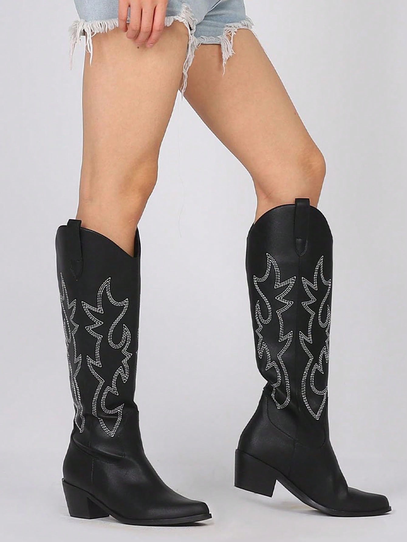 Embroidered Cowboy Boots For Women Pointed Toe Block Chunky High Heels Knee High Western Cowgirl Boots