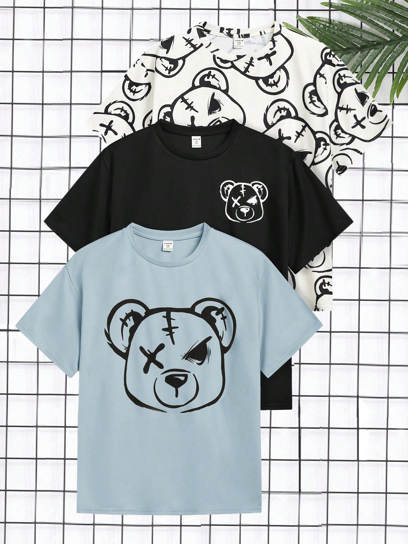 3pcs/Set Tween Boys' Casual Korean Style Bear Pattern Printed Loose Fit Knitted Short Sleeve Tee Shirts, 3 Colors Each