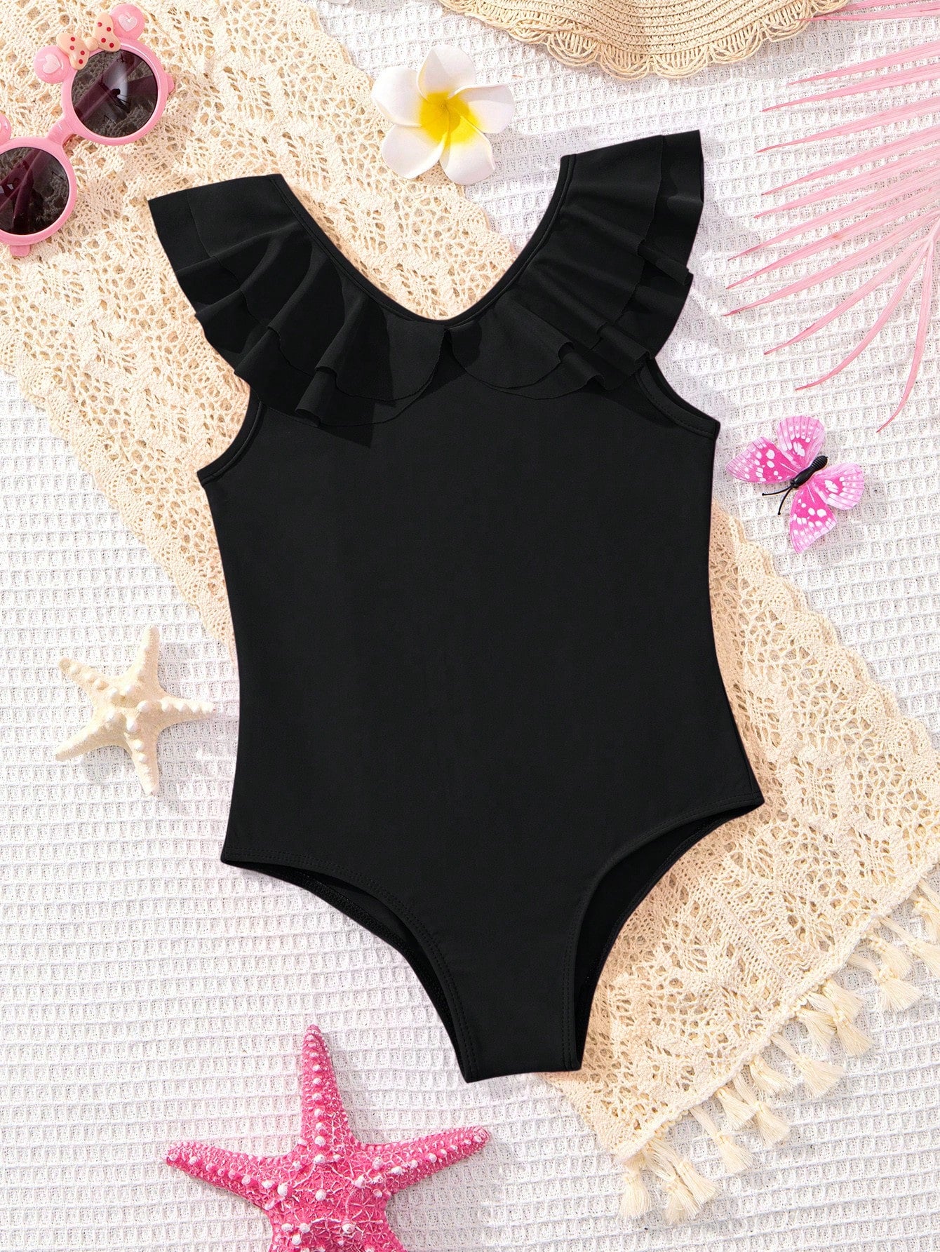 Young Girl Casual Knitted Solid Color One Piece Swimsuit With V-Neck Design