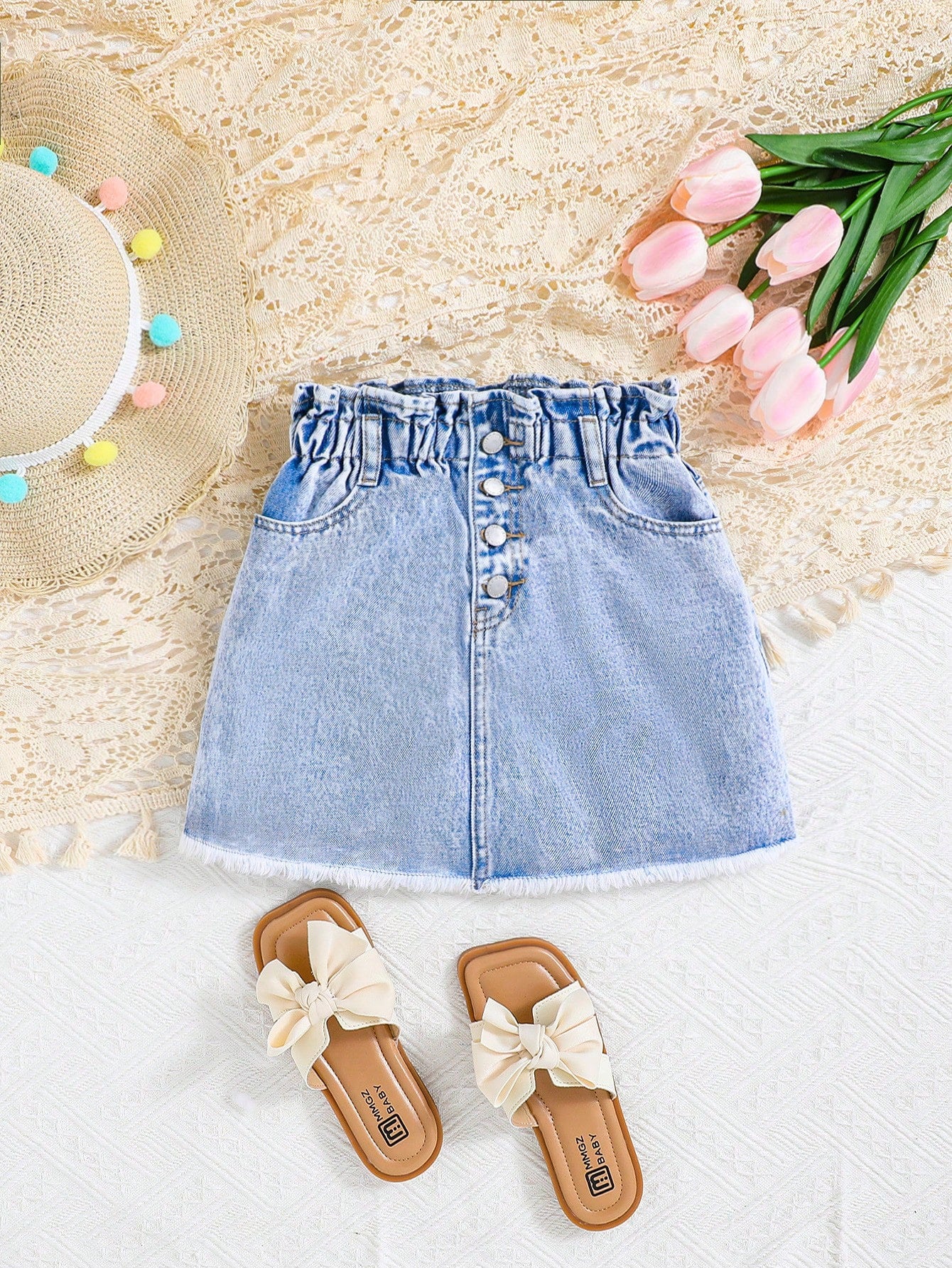 Tween Girl Spring Summer Boho Trendy Stonewashed Ruffle Elastic Waist Button Front Cute Denim Short Skirt,Girls Summer Holiday Clothes Outfits