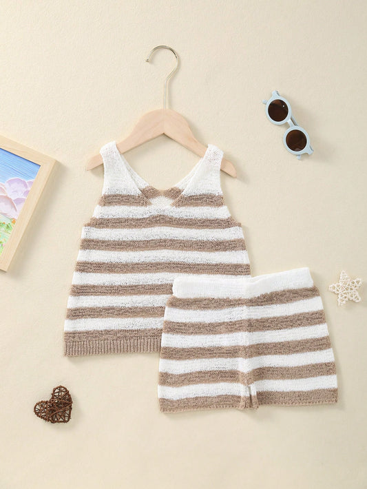 Young Girl Summer Knitted Set With Striped V-Neck Sleeveless Tank Knit Top And Elastic Waist Shorts