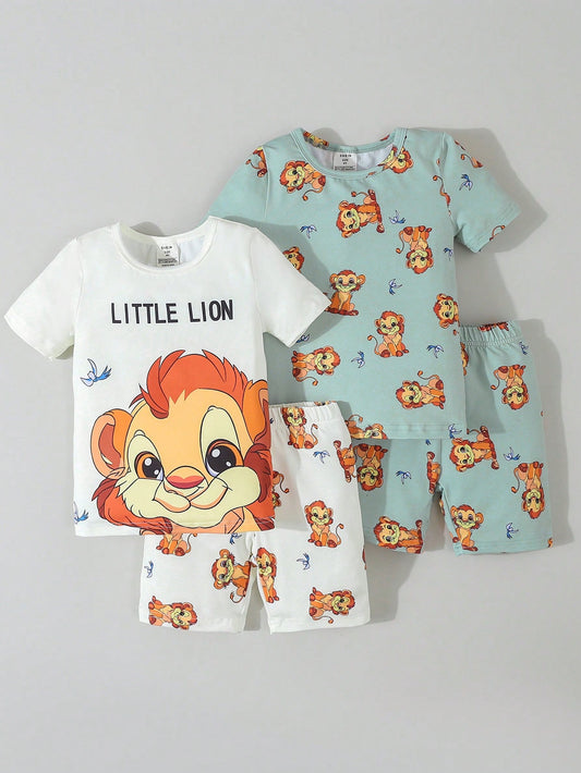 Young Boy Simple And Cute Cartoon Lion Printed Round Neck Short Sleeve T-Shirt With Shorts, 2-Piece Casual And Home Wear Outfit