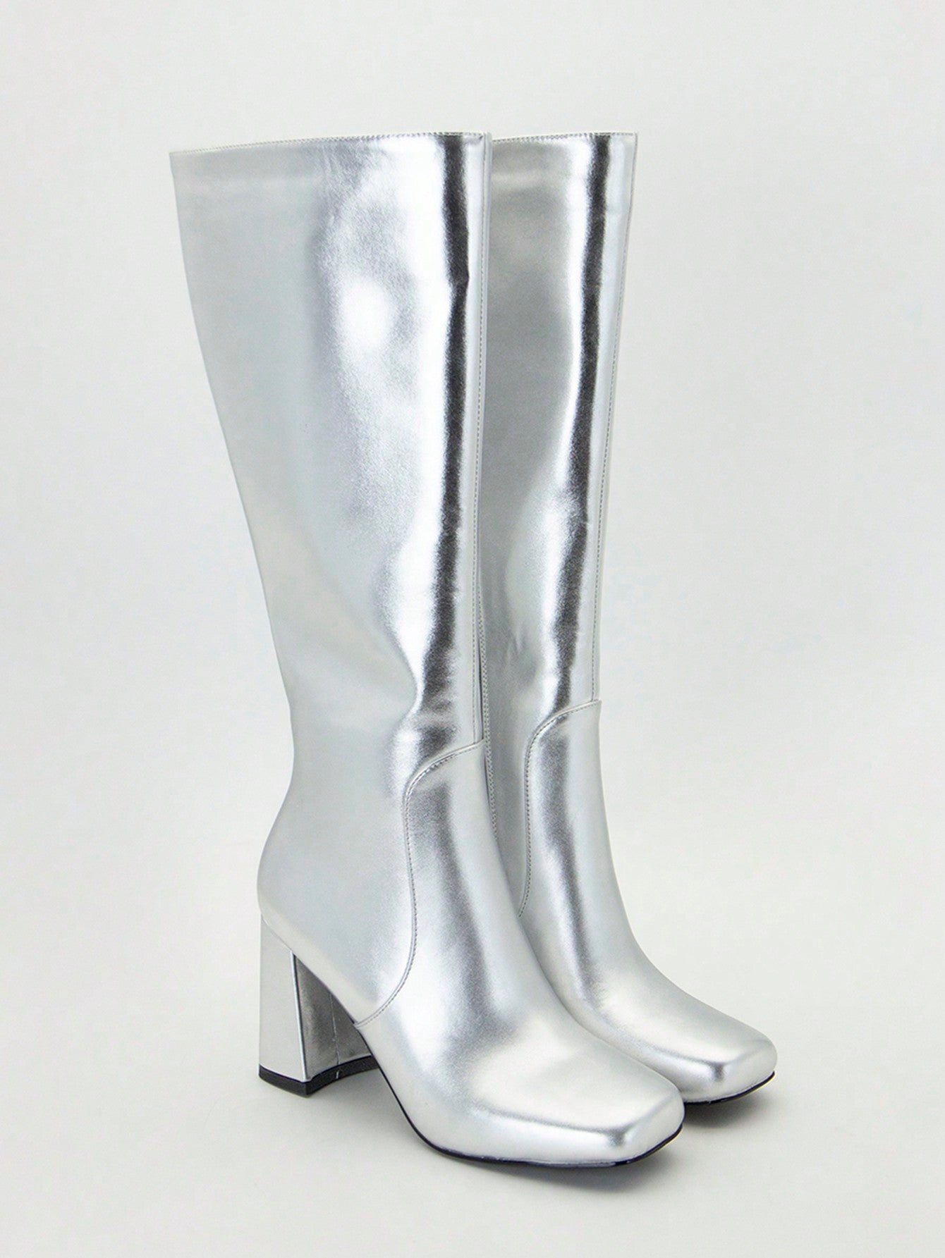 Women Metal Silver Mirror Waterproof Over-The-Knee Boots, Versatile Square-Toe Block Heel High-Heeled Shoes With Side Zipper, Suitable For Parties And Fashion Shows In Autumn And Winter.