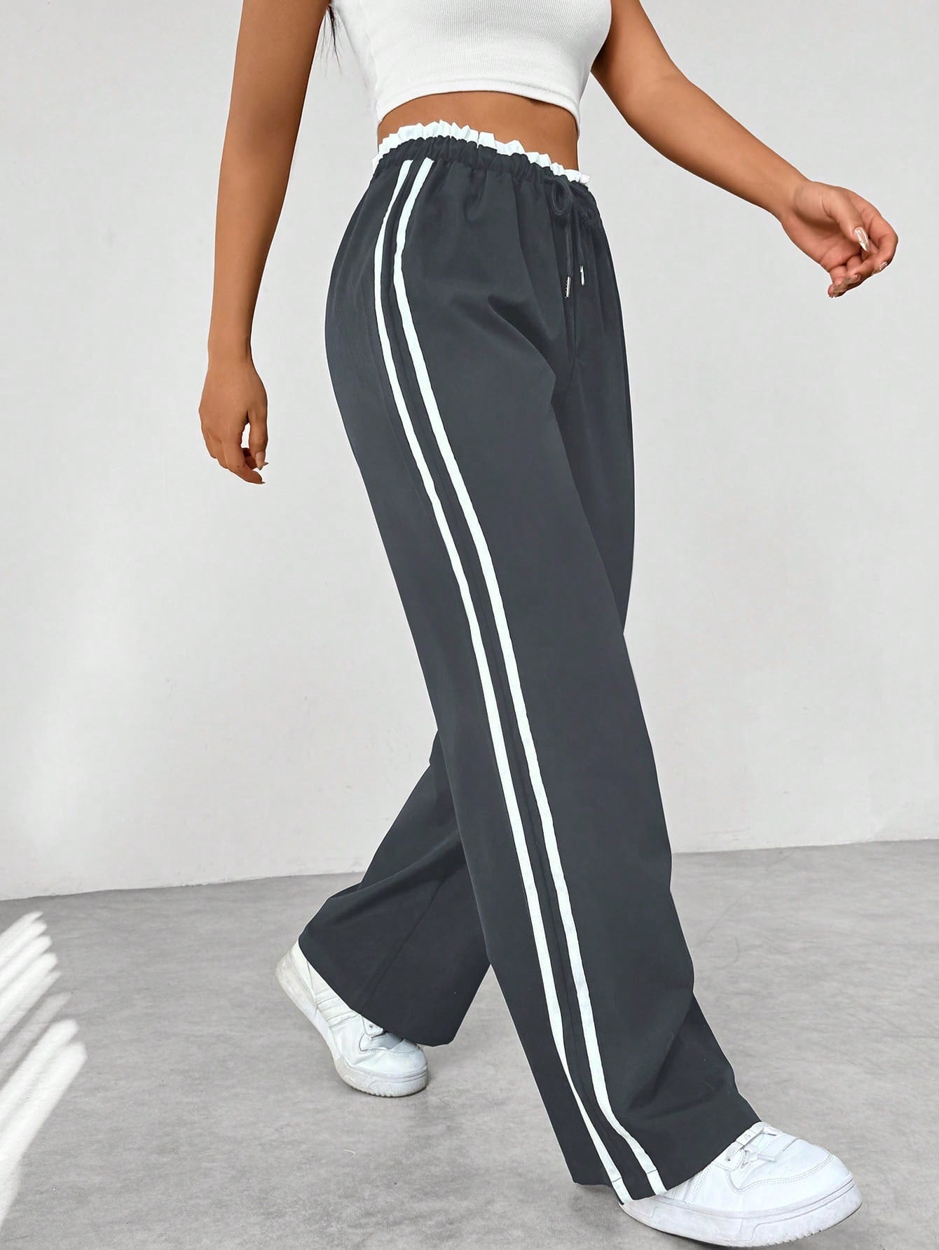 Colorblock Striped Paper Bag Waist Straight Leg Casual Pants