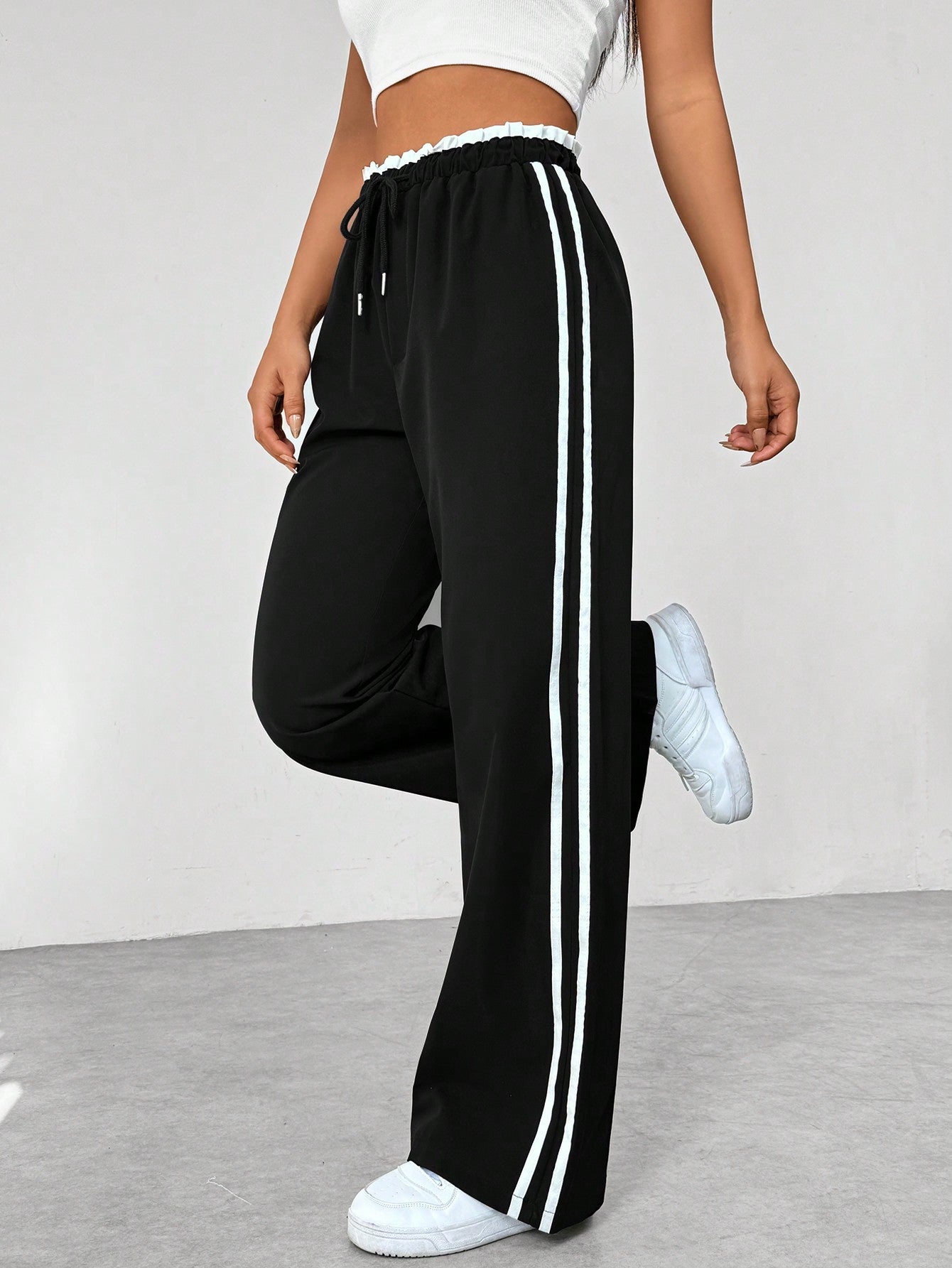 Colorblock Striped Paper Bag Waist Straight Leg Casual Pants