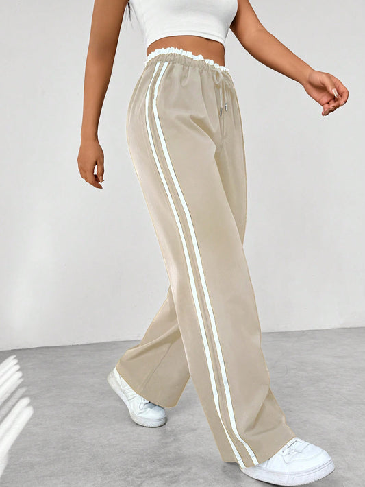 Colorblock Striped Paper Bag Waist Straight Leg Casual Pants