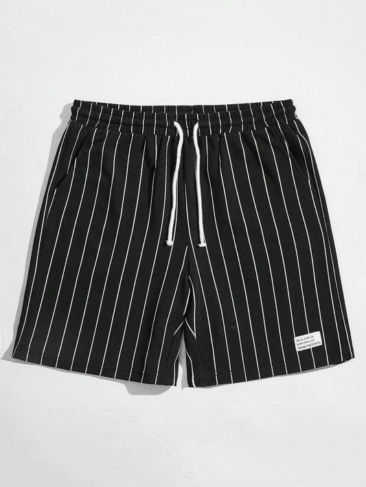 Teen Boys' Casual Striped Print Shorts With Patch Details And Drawstring Waist