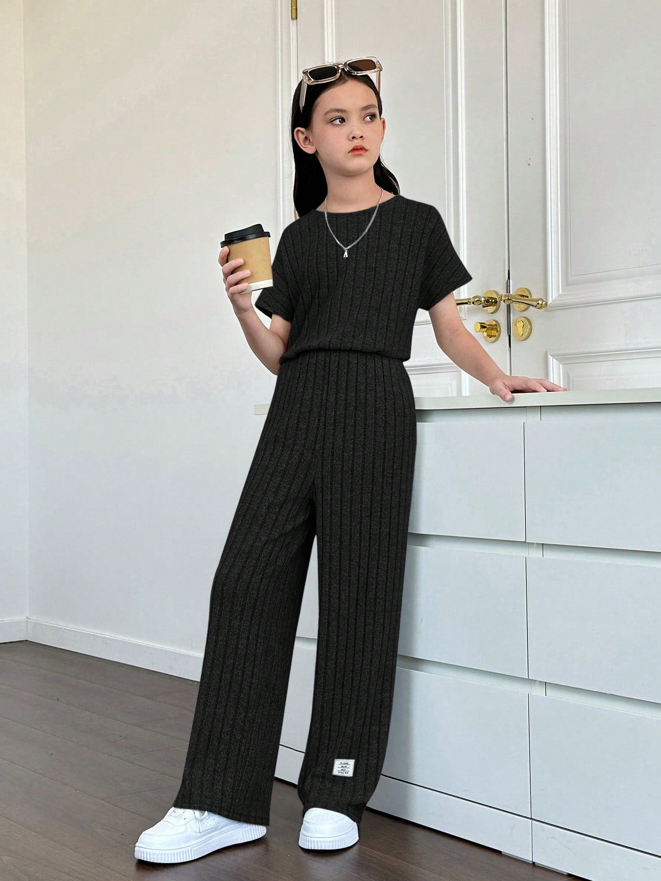 Tween Girls' Knitted Solid Color Loose Fit Casual Jumpsuit With Round Neckline