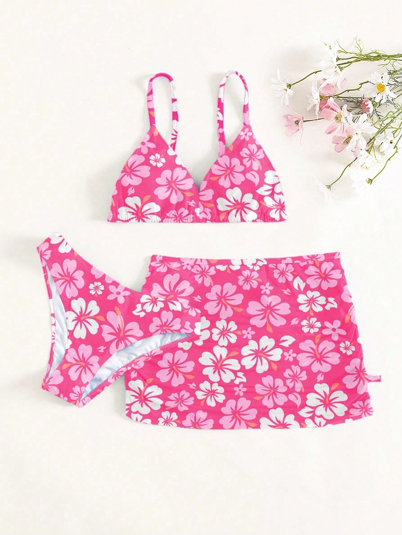 Tween Girl Floral Print Triangle Bikini Set With Beach Skirt Summer Beach