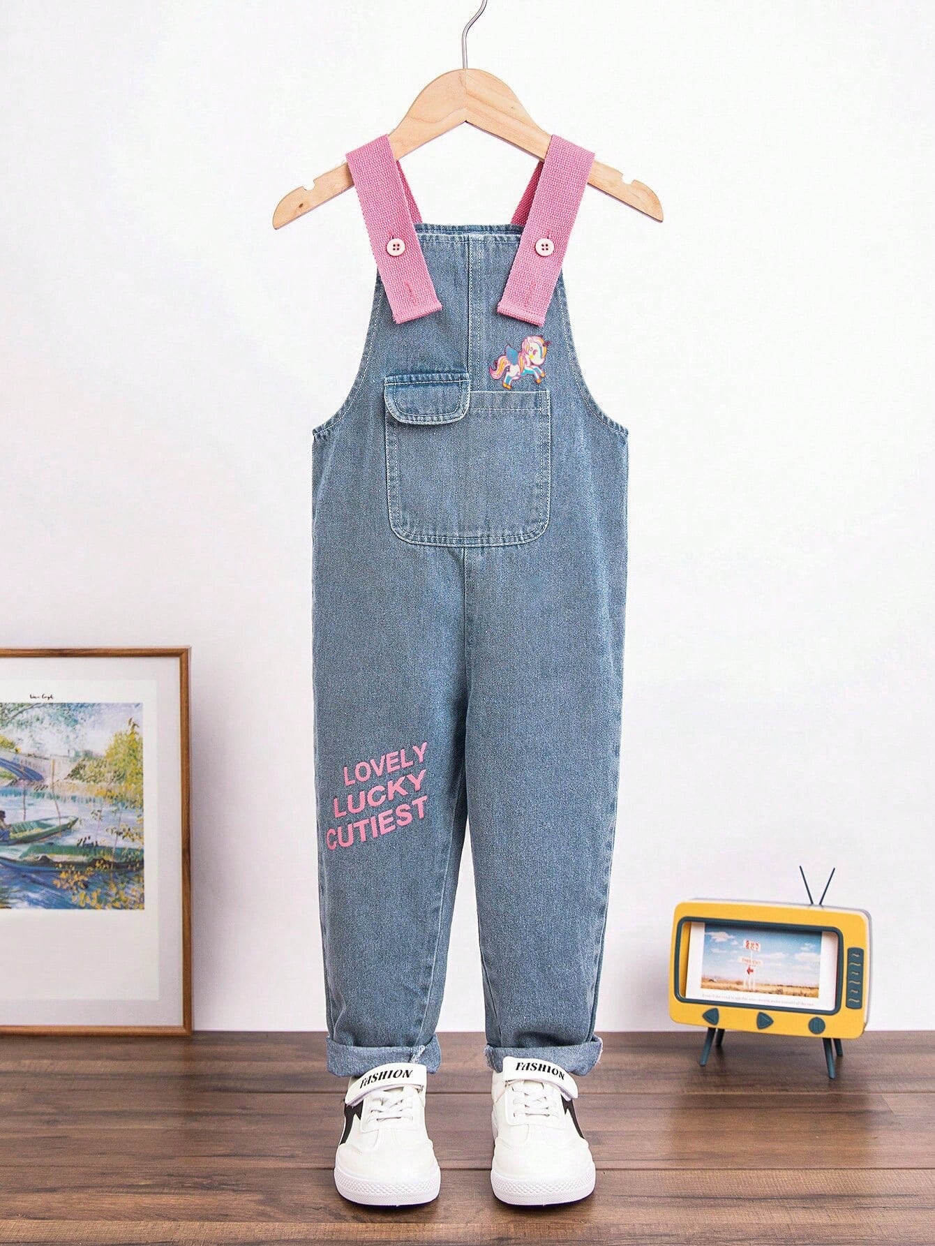 Young Girl Unicorn & Letter Graphic Denim Overalls