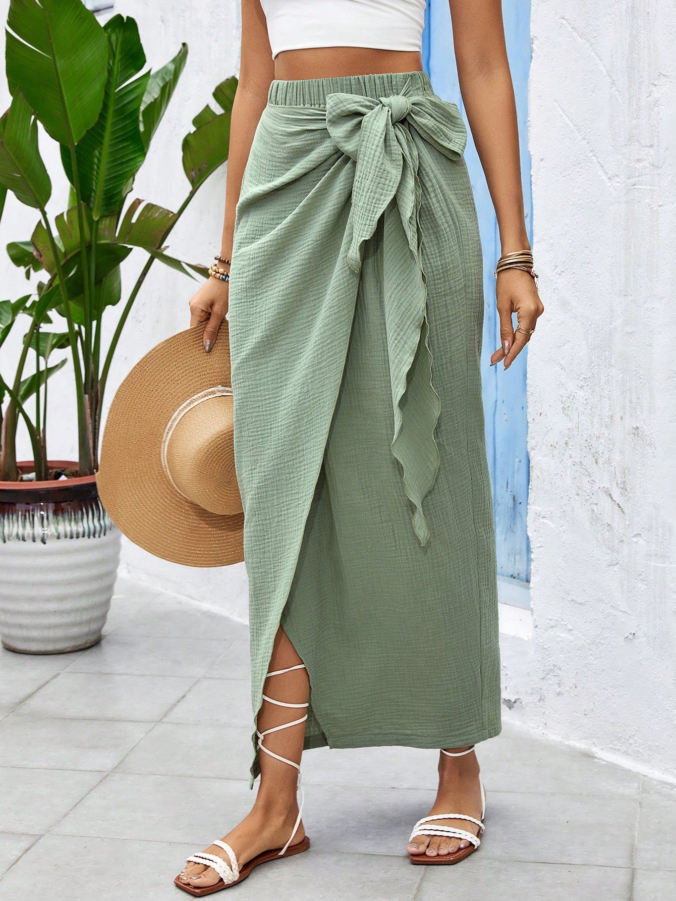 Women's Fashion Solid Color Crossed High Waist Skirt