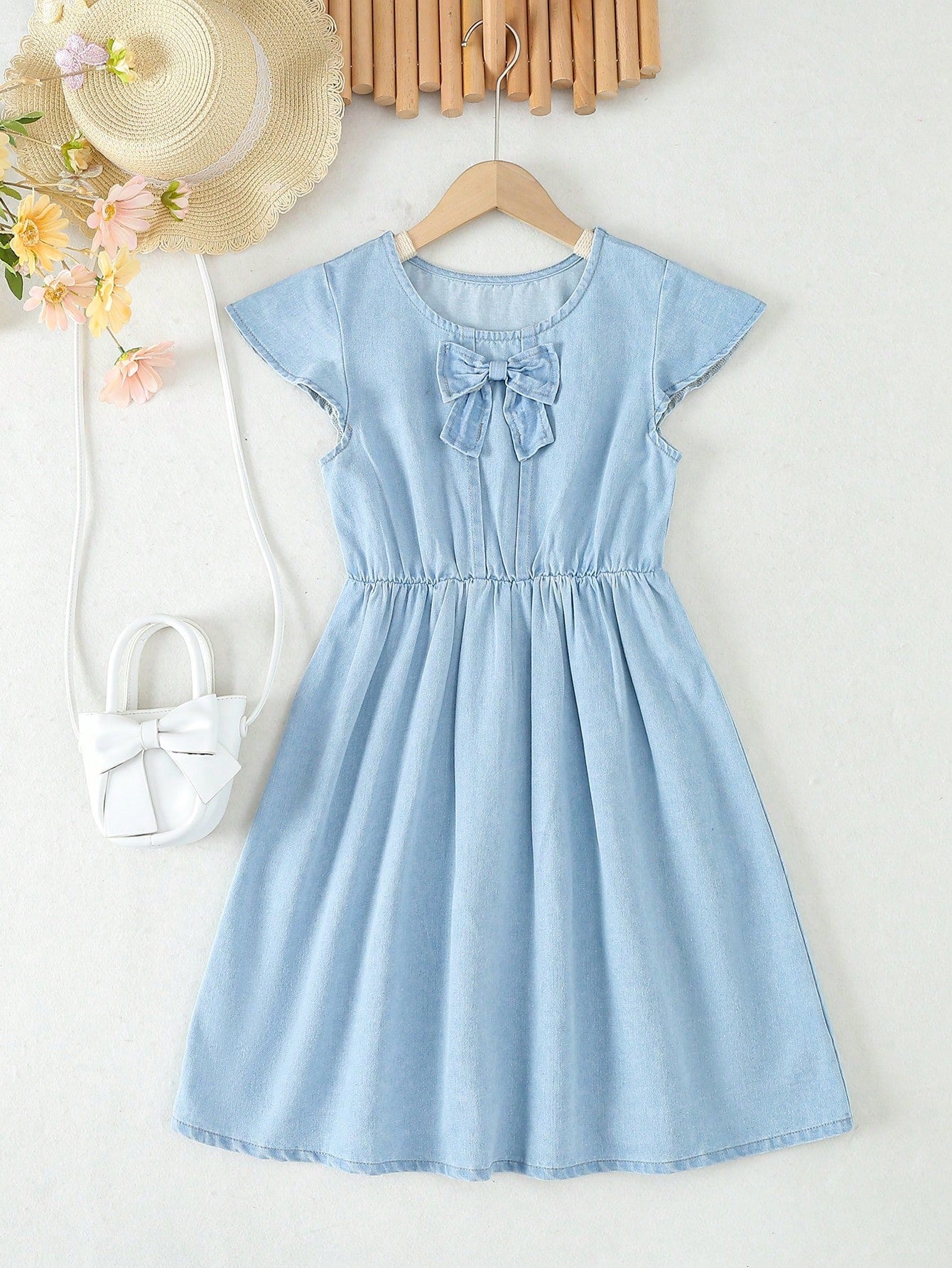 Tween Girl Simple Comfortable Denim Dress With Bow Tie, Trendy Style