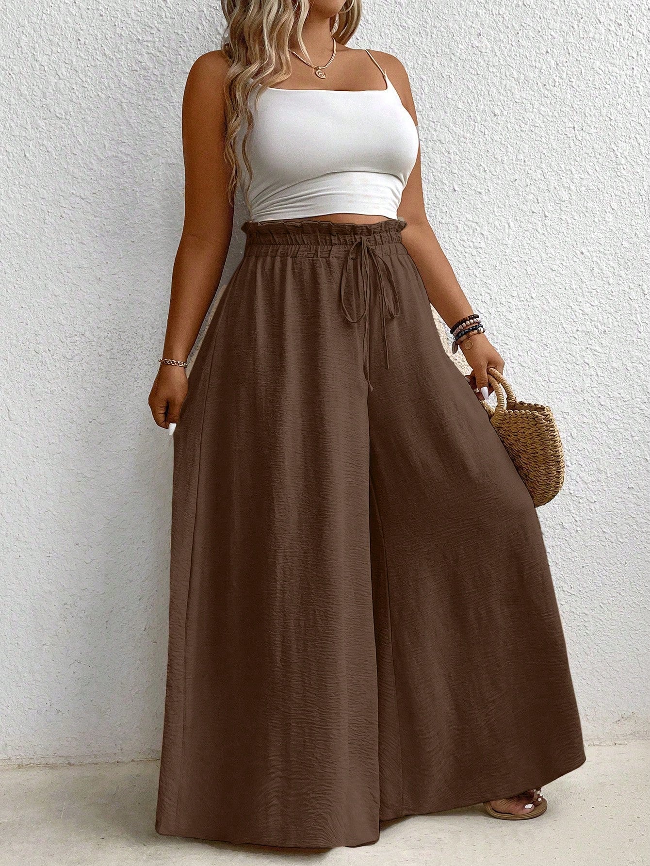 Plus Size Elastic Waist Belted Loose Textured Wide-Leg Pants