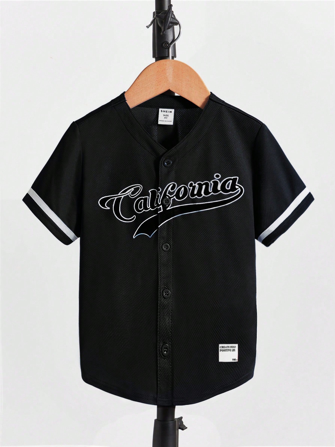 Young Boy Letter Graphic Patched Detail Baseball Collar Shirt