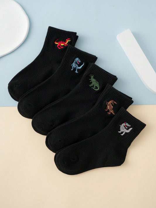 5 Pairs Of Interesting, Personalized Cartoon Dinosaur Embroidery Patterned, Fashionable And Versatile Mid-Calf Regular Socks For Children