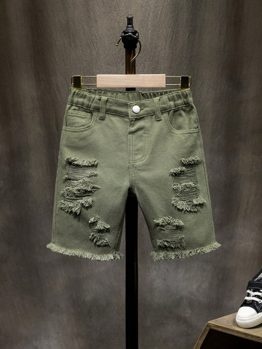 Young Boy Street Style Denim Shorts With Washed, Ripped, Frayed Edge Details And Slanted Pockets