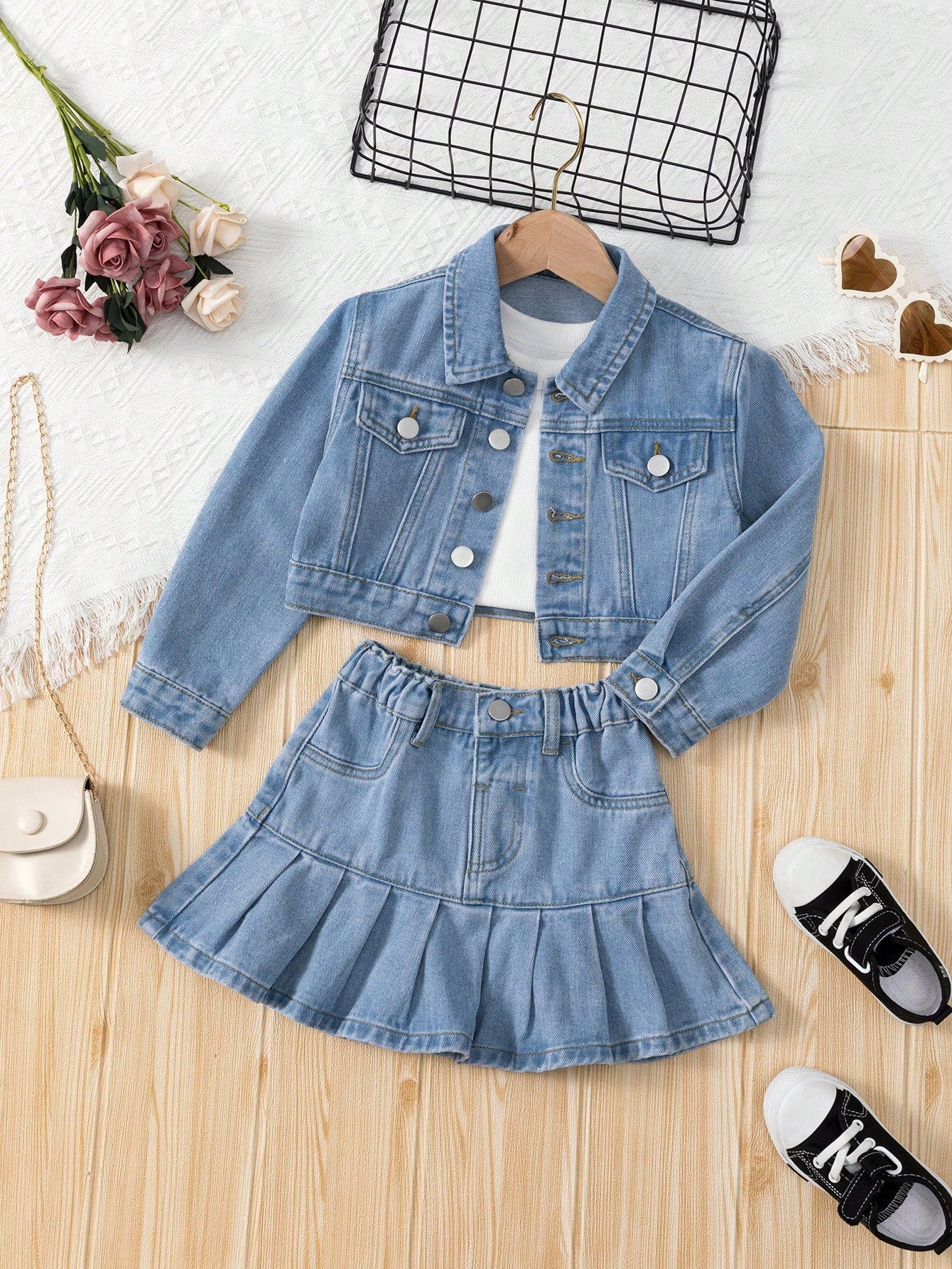 Young Girl Flap Detail Denim Jacket & Pleated Skirt Without Tee