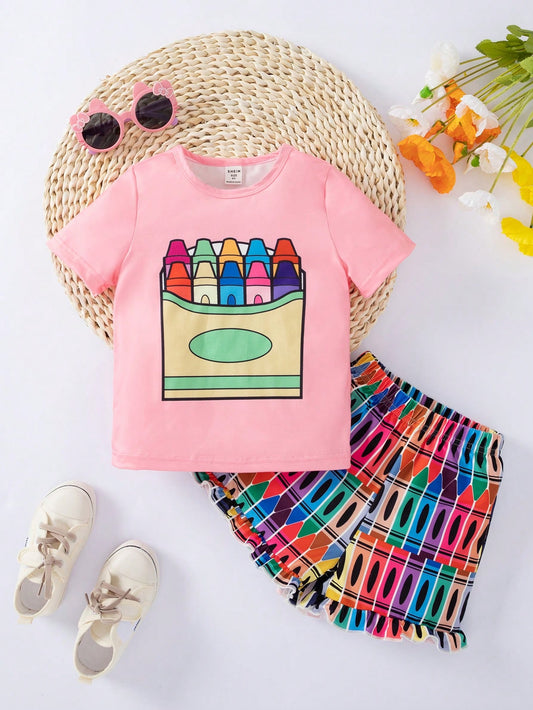 Young Girl Summer Casual 2pcs/Set Colorful Pen Printed Round Neck Short Sleeve T-Shirt And Shorts