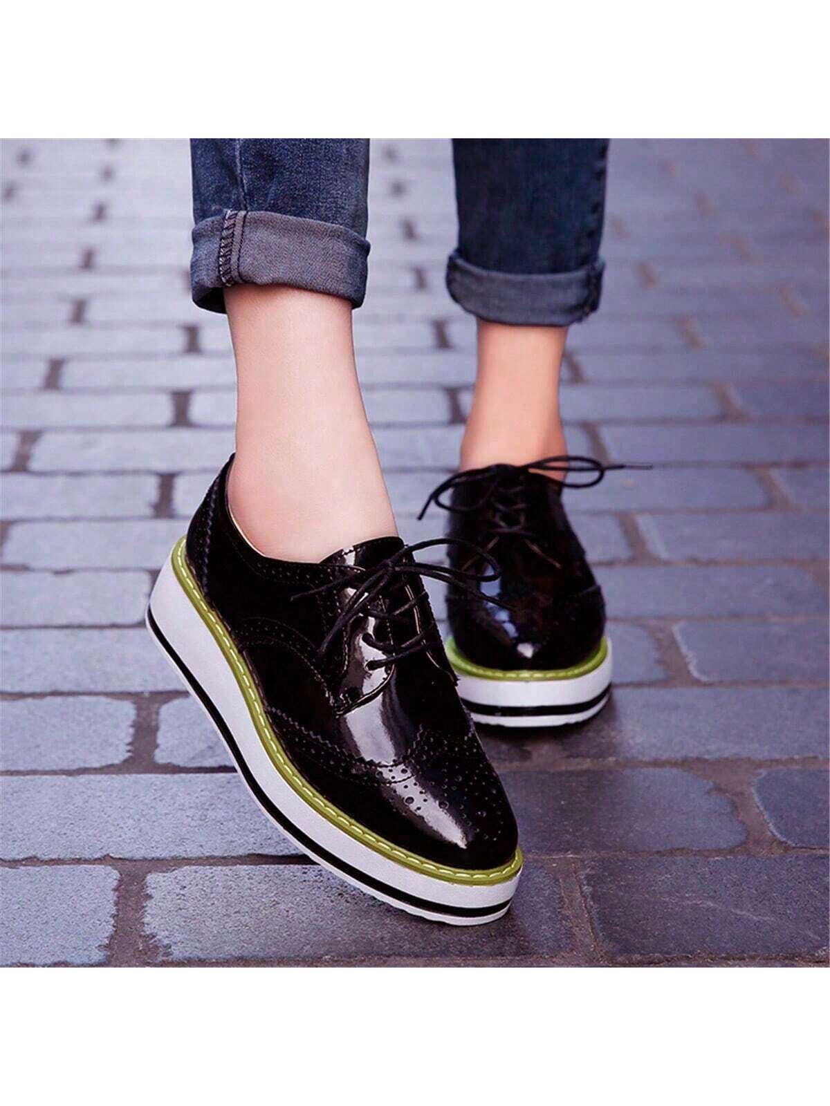 Women's Brogue Thick Sole Pu Leather Shoes With Straps, Casual, Low Cut, Increased, Floral Carved, Spring And Autumn, Fashionable Shoes